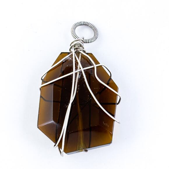 Handcrafted Wire-Wrapped Glass Pendant | Brown Geometric - Picture 2 of 6